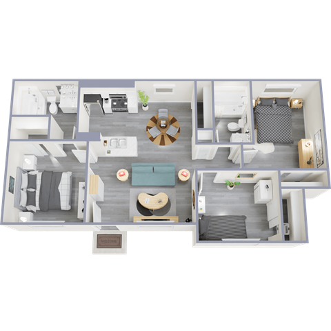 Floor plan for 3 beds, 2 baths, 895 sqft